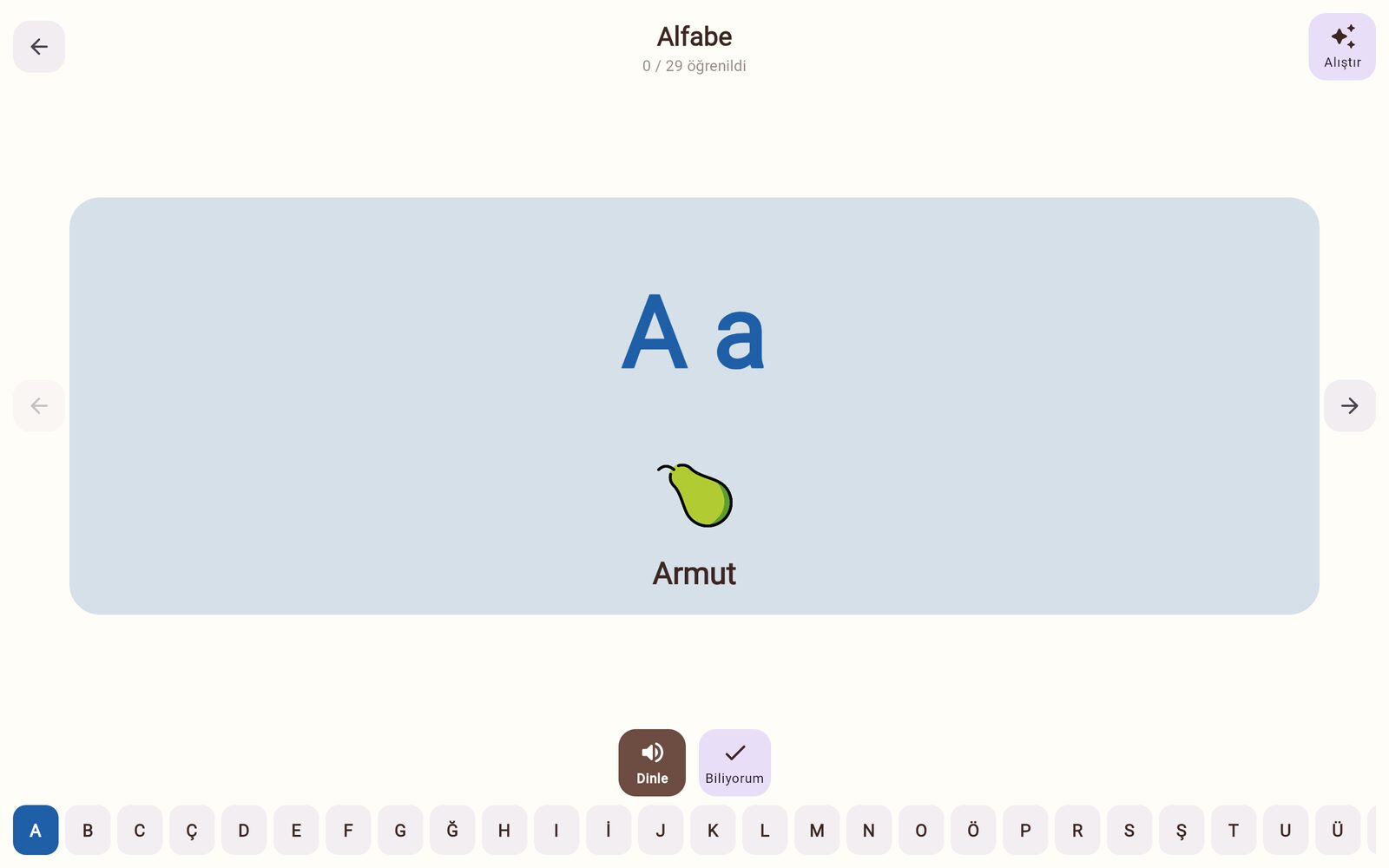 Alfabe oyun ekranı. Harf, sesi ve onunla başlayan bir kelime.