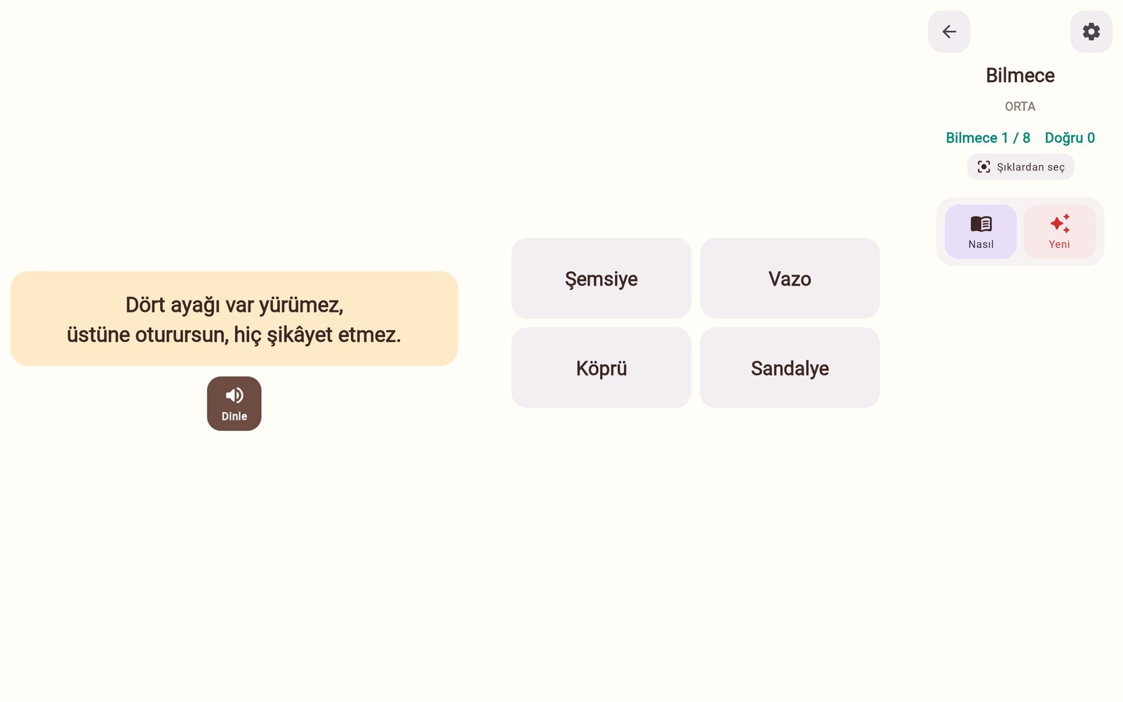 Bilmece oyun ekranı. Bilmeceyi dinle, cevabı seç.