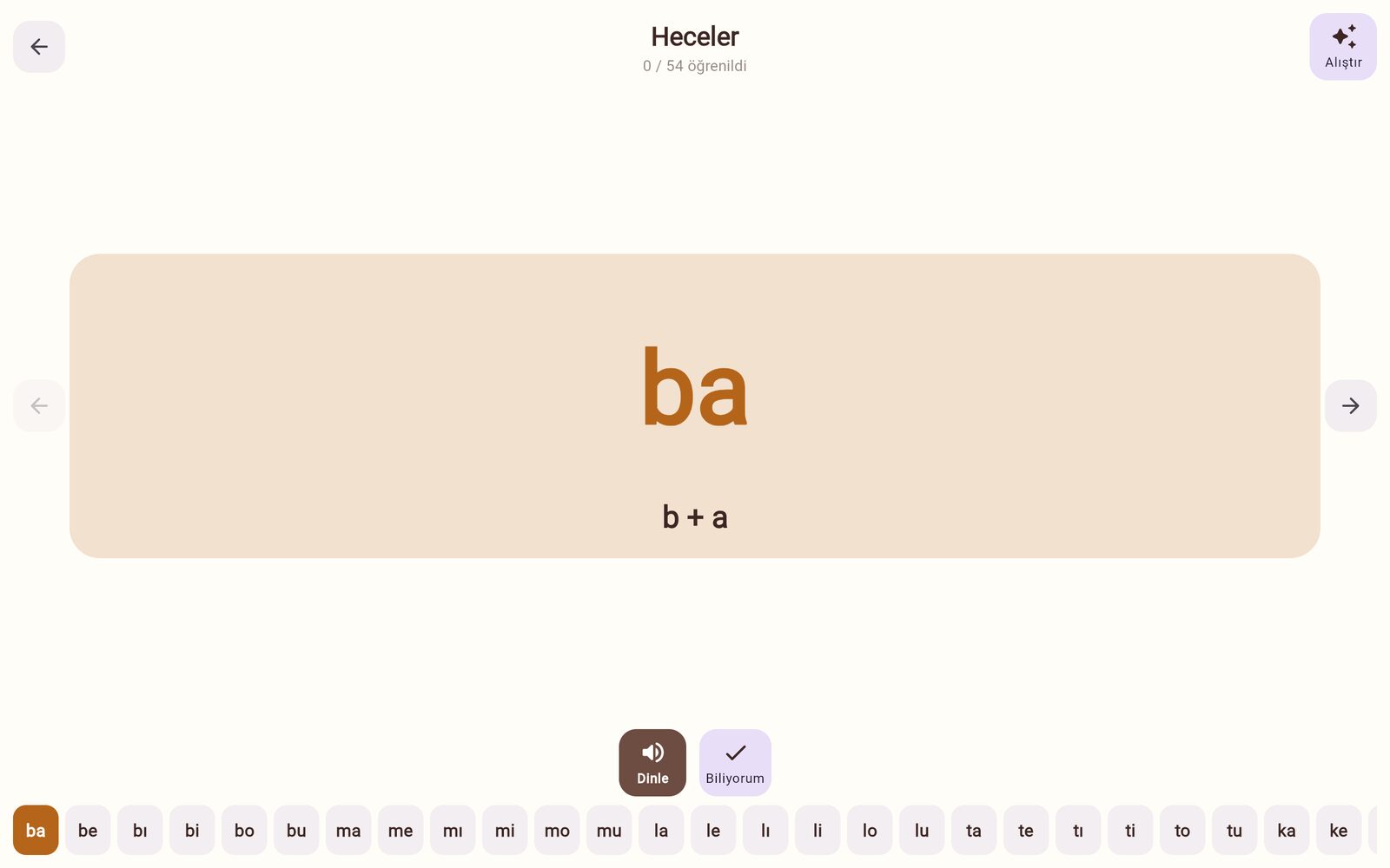 Heceler oyun ekranı. Harflerden hece: b + a = ba.