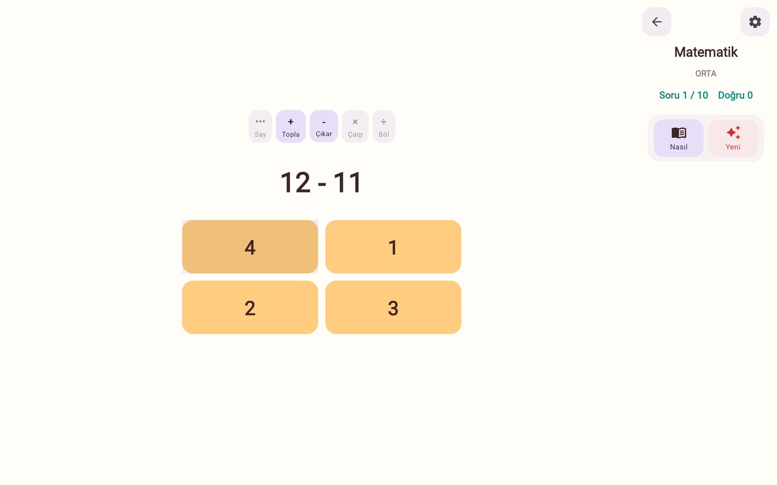 Matematik oyun ekranı. Saymak ve dört işlem.