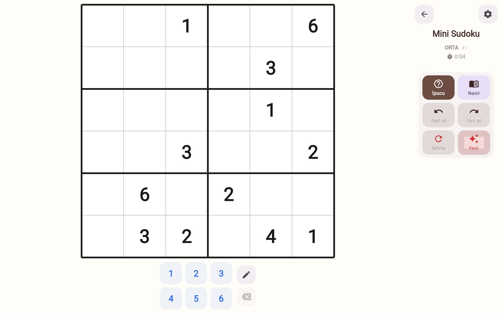 Mini Sudoku oyun ekranı. 6×6 sudoku, küçük ellere göre.